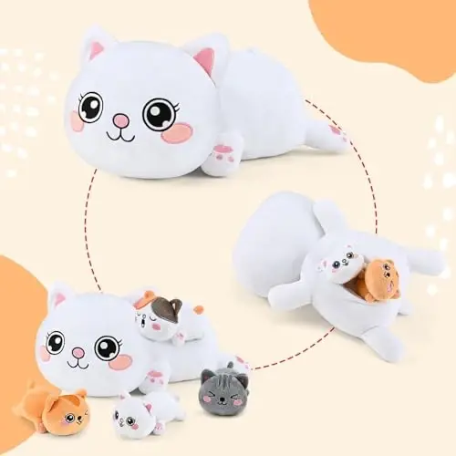 KMUYSL Cat Stuffed Animals Toys for Ages 0 1 2 3 4 5 6 7 8+ Years Old Kids - Mommy Cat with 4 Baby Kitty in Her Tummy, Idea Xmas Birthday Gifts for Baby, Toddler, Girls, Boys - KMUYSL (1)