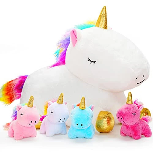 KMUYSL Toys for Girls Ages 3 4 5 6 7 8+ Years - Unicorn Mommy Stuffed Animal with 4 Baby Unicorns in Her Tummy, Soft Unicorn Plush Toys Set, Christmas Birthday Gifts for Baby, Toddler, Kids 
