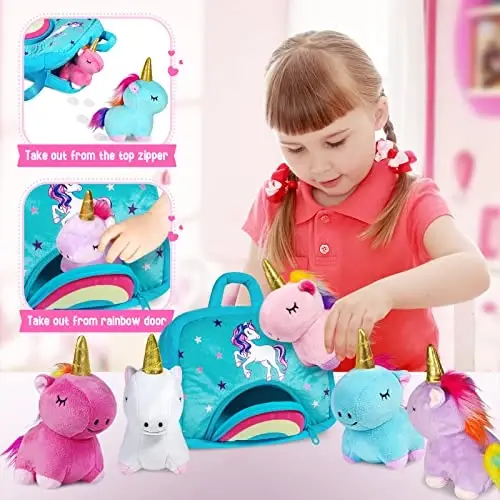 KMUYSL Toys for 18 Months+ Year Old Girls, Plush Stuffed Animal with 5 Unicorn Babies in Plush Bag Toy, Soft Plush Toys Set, Christmas Birthday Gifts for 2 3 4 5 6 7 8 Girls Boys Baby, Toddler, Kids - 4