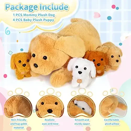 KMUYSL Puppy Stuffed Animals Toys for Ages 0 1 2 3 4 5 6 7 8+ Years Old Kids - Mommy Dog with 4 Baby Puppies in Her Tummy, Idea Xmas Birthday Gifts for Baby, Toddler, Girls, Boys - 6