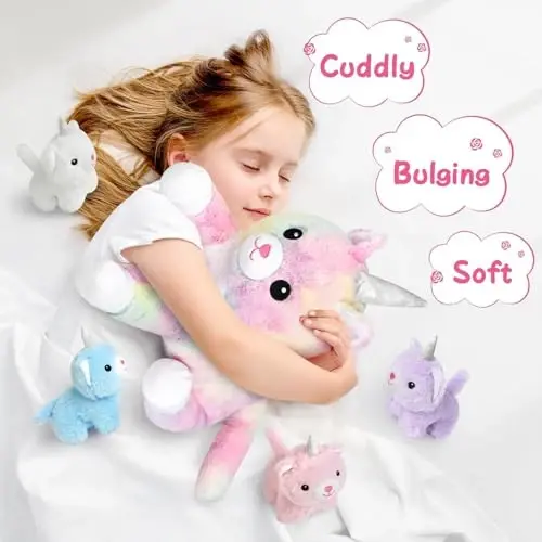 KMUYSL Toys for Ages 0 1 2 3 4 5 6 7 8+ Years - Plush Mommy Stuffed Animal with 4 Babies in Her Tummy, Soft Plush Toys Set, Christmas Birthday Gifts for Girls Boys, Toddler, Kids (Unicorn Cat Toys) - 5