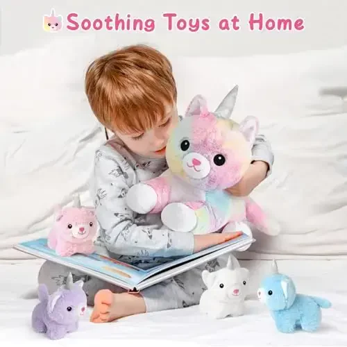 KMUYSL Toys for Ages 0 1 2 3 4 5 6 7 8+ Years - Plush Mommy Stuffed Animal with 4 Babies in Her Tummy, Soft Plush Toys Set, Christmas Birthday Gifts for Girls Boys, Toddler, Kids (Unicorn Cat Toys) - 6