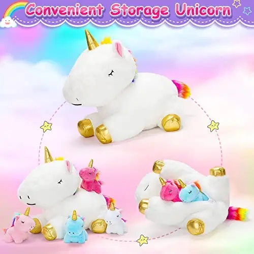 KMUYSL Toys for Girls Ages 3 4 5 6 7 8+ Years - Unicorn Mommy Stuffed Animal with 4 Baby Unicorns in Her Tummy, Soft Unicorn Plush Toys Set, Christmas Birthday Gifts for Baby, Toddler, Kids - KMUYSL (1)