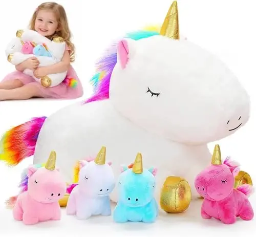 KMUYSL Toys for Girls Ages 3 4 5 6 7 8+ Years - Unicorn Mommy Stuffed Animal with 4 Baby Unicorns in Her Tummy, Soft Unicorn Plush Toys Set, Christmas Birthday Gifts for Baby, Toddler, Kids - 1