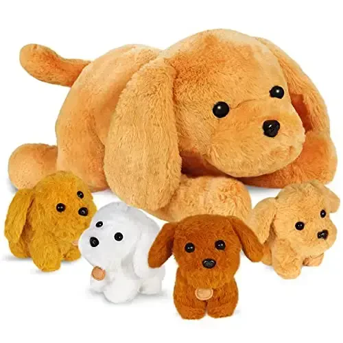 KMUYSL Puppy Stuffed Animals Toys for Ages 0 1 2 3 4 5 6 7 8+ Years Old Kids - Mommy Dog with 4 Baby Puppies in Her Tummy, Idea Xmas Birthday Gifts for Baby, Toddler, Girls, Boys - 1