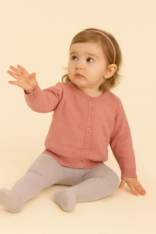 Knit Baby Girl Cardigan with Pompom Salmon - 1
