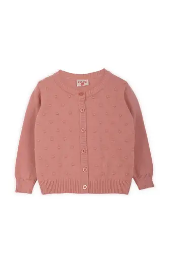 Knit Baby Girl Cardigan with Pompom Salmon - MINORA (1)
