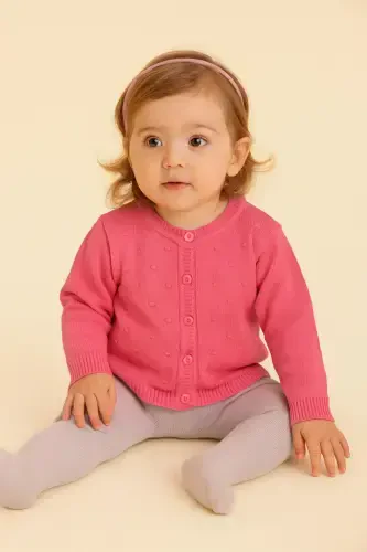 Knit Baby Girl Poncho with Pompoms Fuchsia - 1