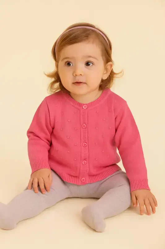 Knit Baby Girl Poncho with Pompoms Fuchsia - 1