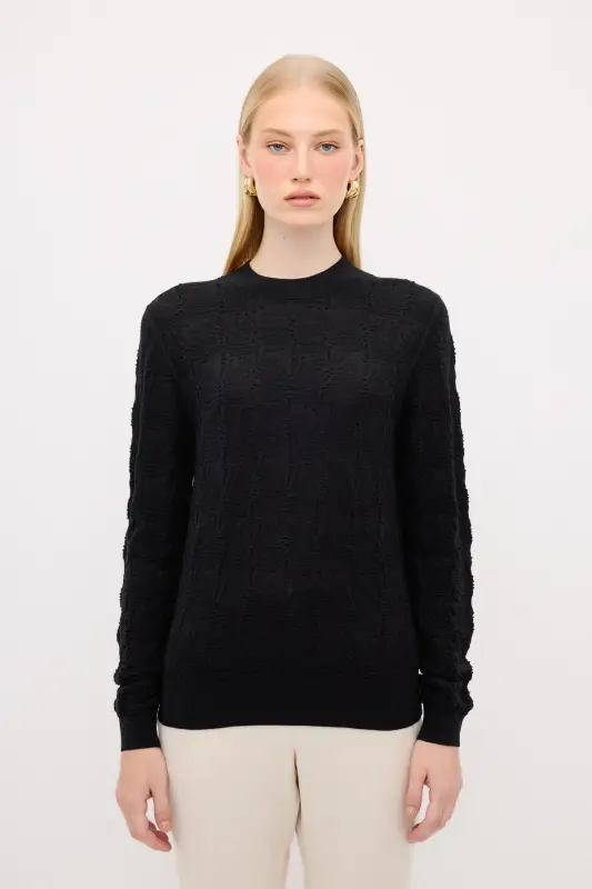 Knit Detailed Wool Tricot Sweater - 001-Black - 1