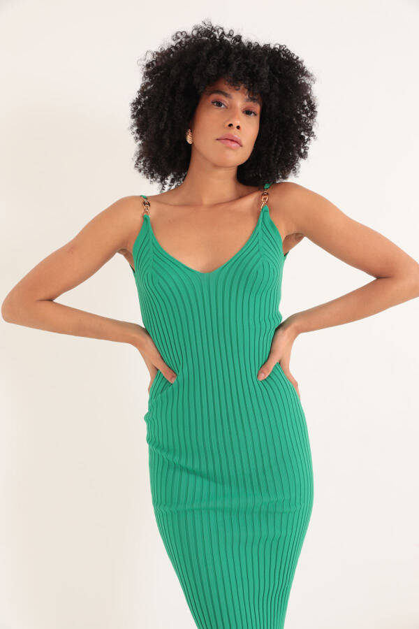 Knit Fabric Brooch Midi Women's Dress - Green - 2