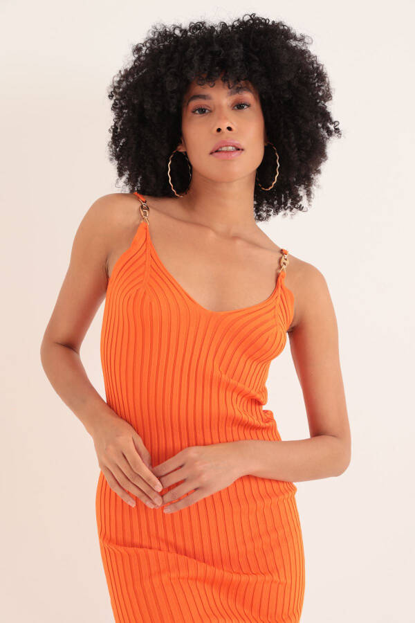 Knit Fabric Brooch Midi Women's Dress - Orange - 1