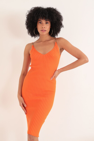 Knit Fabric Brooch Midi Women's Dress - Orange - 4