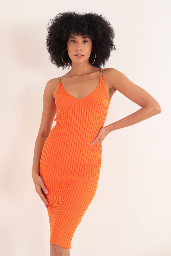 Knit Fabric Brooch Midi Women's Dress - Orange - 4