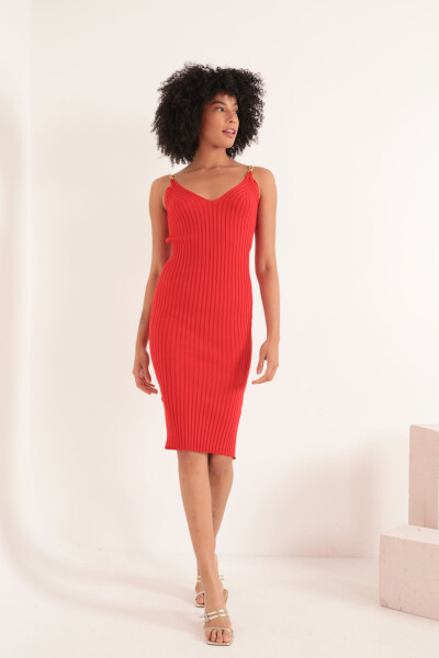 Knit Fabric Brooch Midi Women's Dress - Red - 2