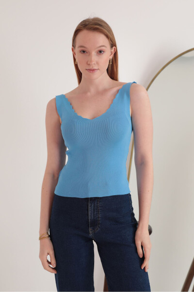 Knit Fabric Ladder Collar Women's Blouse - Indigo - 6