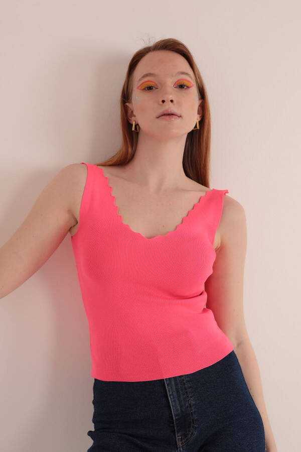 Knit Fabric Ladder Neck Women's Blouse - Neon Fuchsia - 1