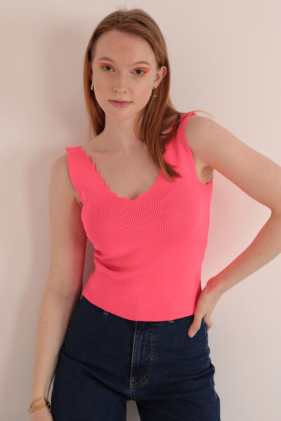 Knit Fabric Ladder Neck Women's Blouse - Neon Fuchsia - 5