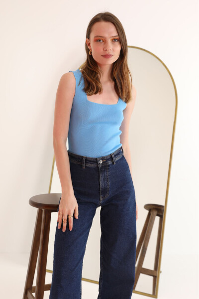 Knit Fabric Square Neck Women's Crop - Indigo - 2