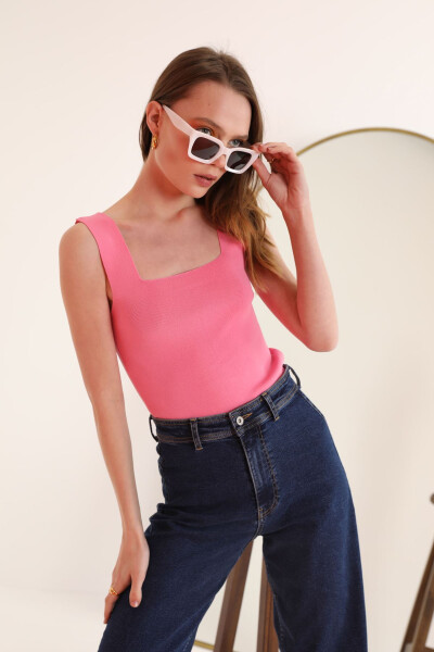 Knit Fabric Square Neck Women's Crop Top - Pink - 1