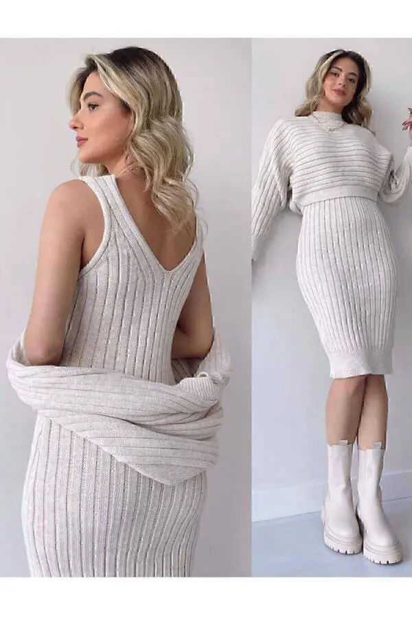 Knit fabric sweater dress 2-piece set - 2