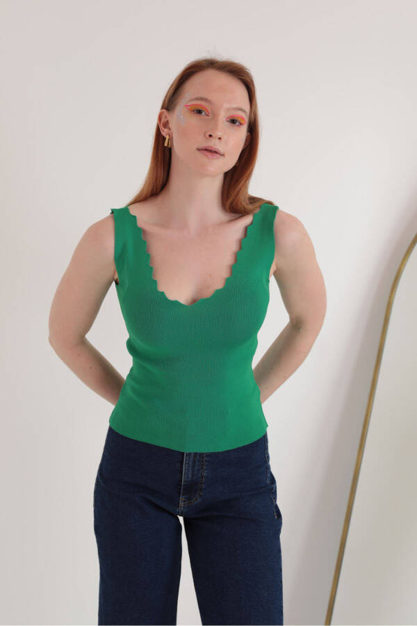 Knit Fabric V-Neck Women's Blouse - Green - 2