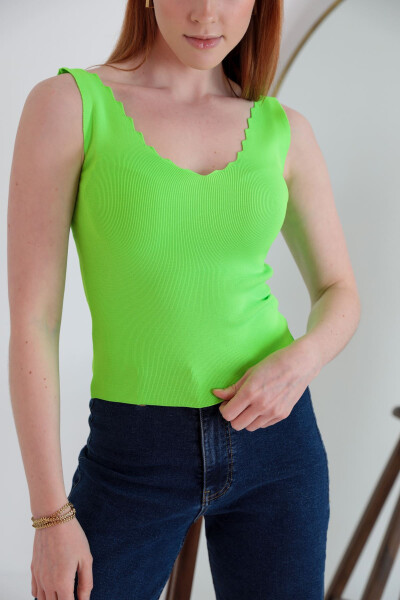 Knit Fabric V-Neck Women's Blouse - Neon Green - 1