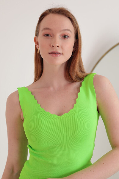 Knit Fabric V-Neck Women's Blouse - Neon Green - 2