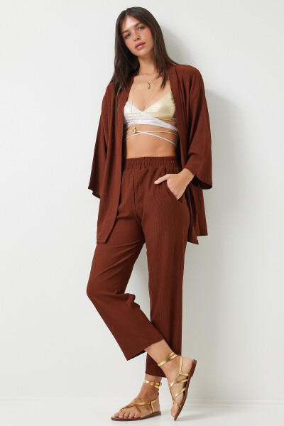 Knit Kimono Pants Set BROWN - 1