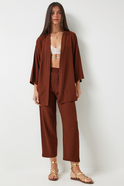 Knit Kimono Pants Set BROWN - 2