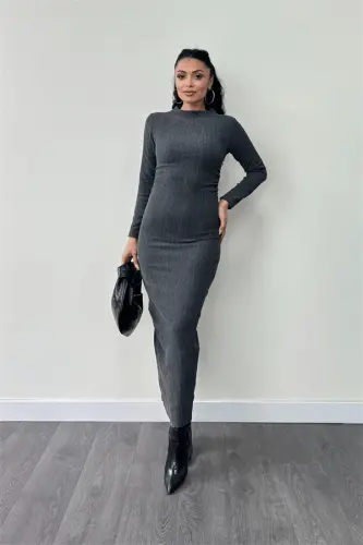 Knit Woven Fabric Ruffle Dress - GRAY - 1