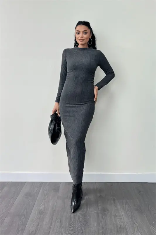 Knit Woven Fabric Ruffle Dress - GRAY - 1