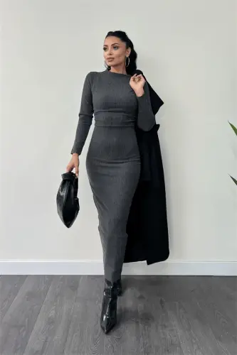 Knit Woven Fabric Ruffle Dress - GRAY - BÜYÜKBEDENIZ (1)