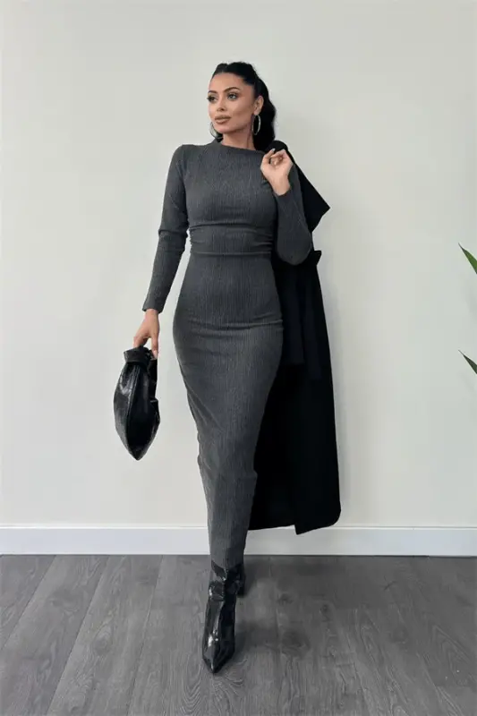 Knit Woven Fabric Ruffle Dress - GRAY - 2