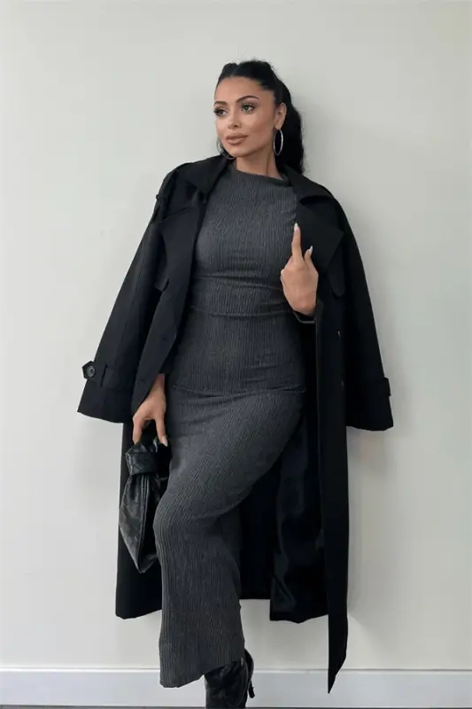 Knit Woven Fabric Ruffle Dress - GRAY - 3