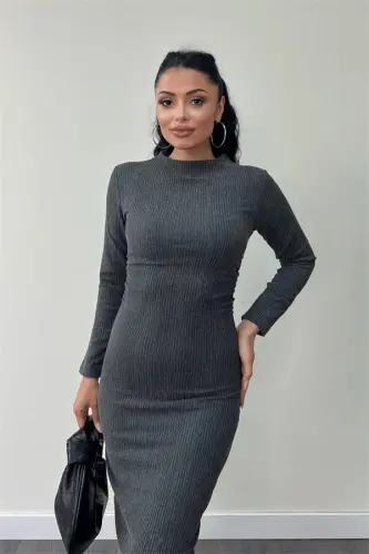 Knit Woven Fabric Ruffle Dress - GRAY - 4