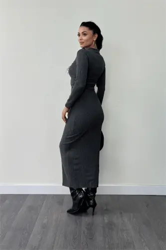 Knit Woven Fabric Ruffle Dress - GRAY - 5