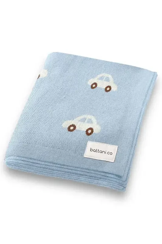 Knitted Baby Blanket 85cm X 85cm Car Dream Blue-Blue For Girl And Boy Baby - 1