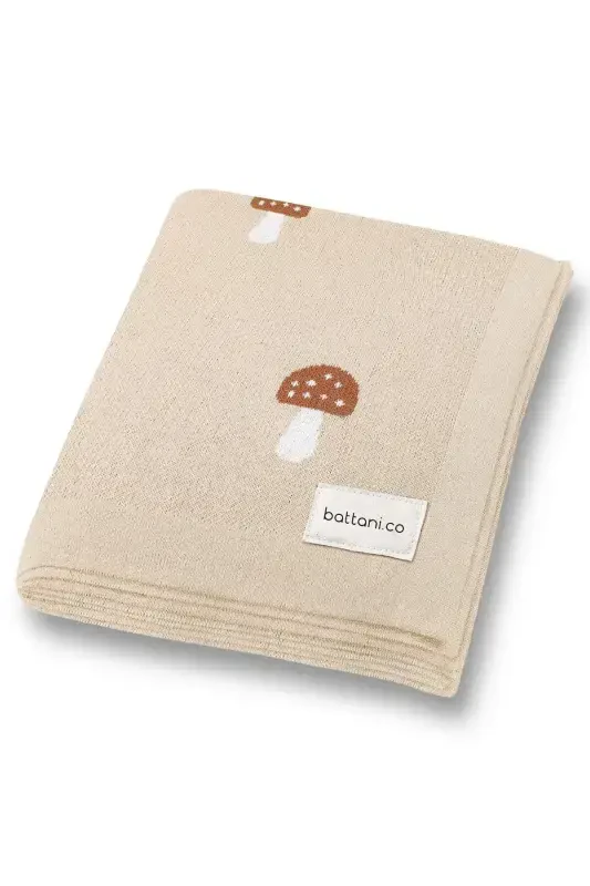 Knitted Baby Blanket 85cm X85cm Little Mushrooms Beige-Cream Mushroom for Baby Girl And Boy - BATTANI.CO