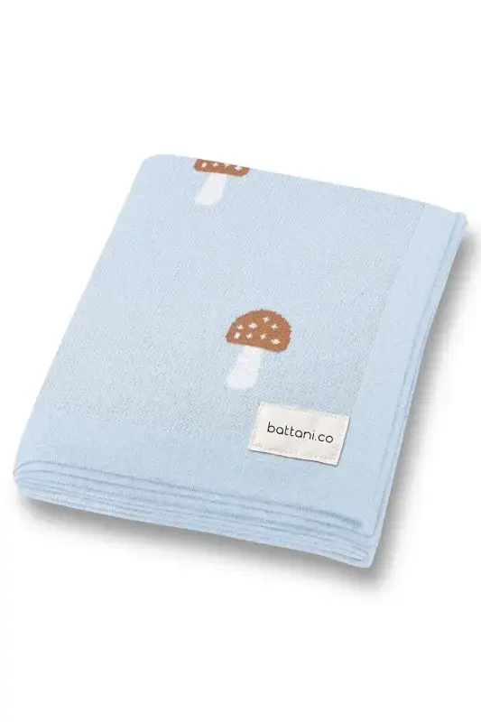 Knitted Baby Blanket for Girl and Boy 85cm X85cm Tiny Mushrooms Blue-Blue Mushroom - BATTANI.CO