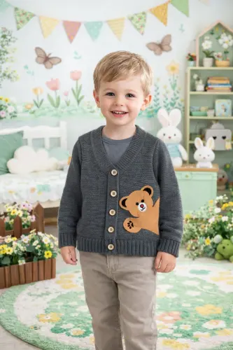 Knitted Baby Girl-Baby Boy Bear Figure Buttoned Cardigan-Boys-Girls Unisex-Smoked - 1