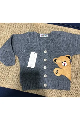 Knitted Baby Girl-Baby Boy Bear Figure Buttoned Cardigan-Boys-Girls Unisex-Smoked - TINITINS (1)