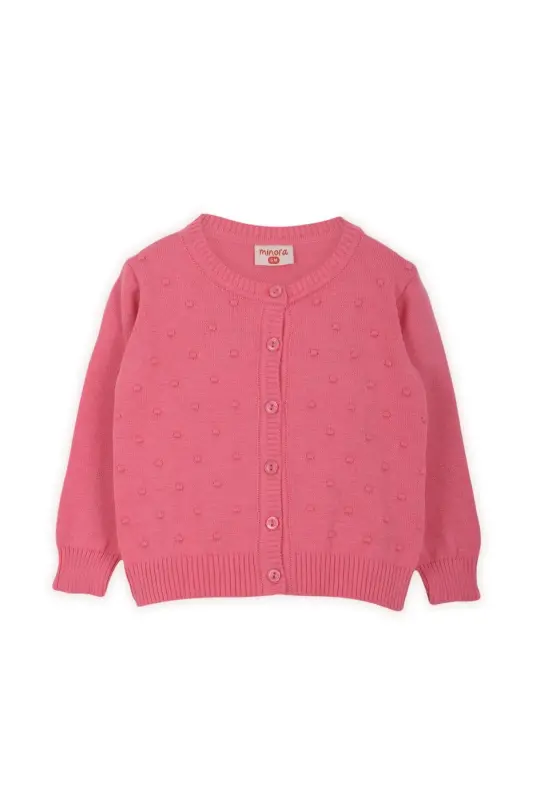 Knitted Baby Girl Cardigan with Pom-Pom Fuchsia - Fuchsia - 2