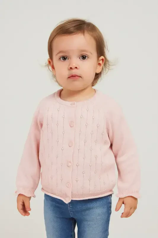 Knitted Baby-Girl-Child Road Openwork Cardigan 6-24 Months Powder-Powder - MINORA