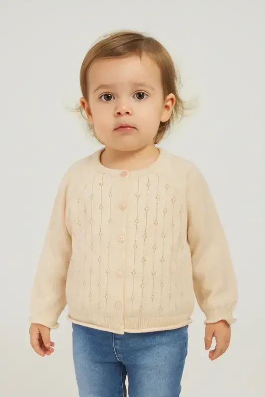 Knitted Baby-Girl-Kids Road Patterned Cardigan 6-24 Months Beige-Beige - MINORA