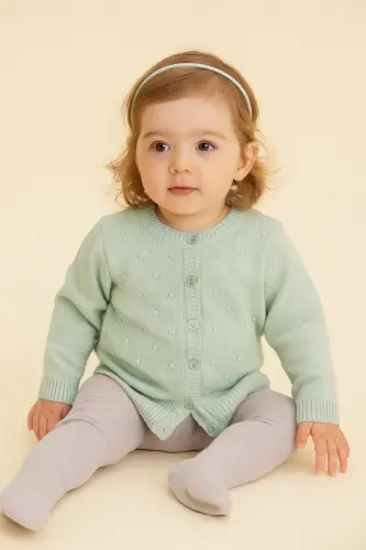 Knitted Baby Girl Poncho with Pompom Mint - 1