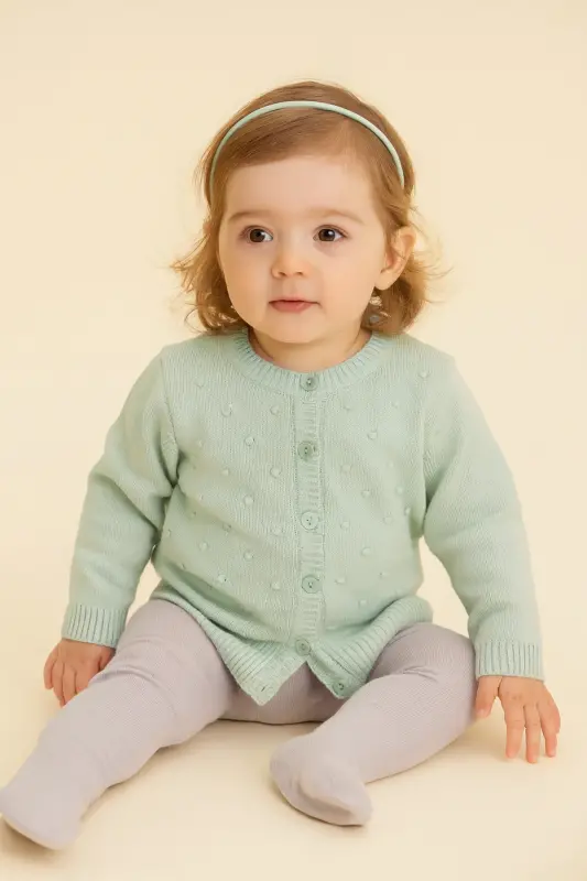 Knitted Baby Girl Poncho with Pompom Mint - 1