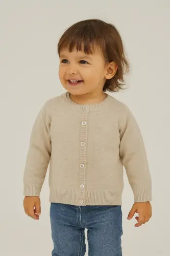 Knitted Baby Girl Ponpon Cardigan Beige 