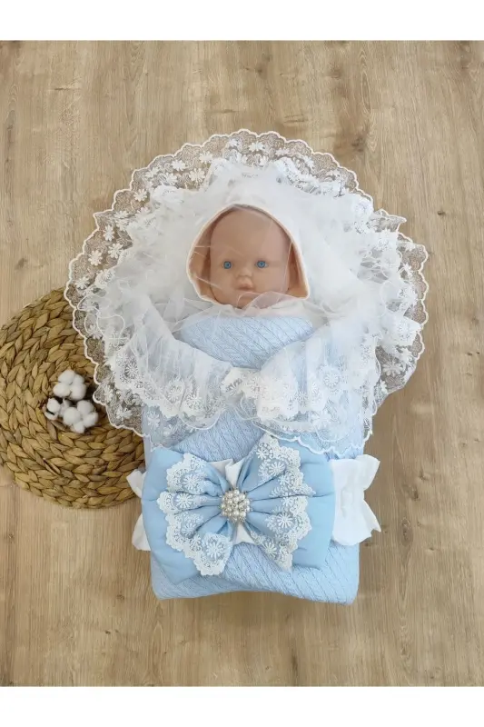 Knitted Baby Swaddle Unisex Baby Outer Swaddle Blanket Hospital Outing Swaddle Blanket-BLUE - 3
