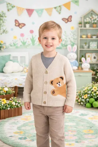 Knitted Bear Figure Buttoned Cardigan - Unisex Baby Boy - Baby Girl - 1